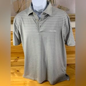 Peter Millar Summer Comfort Mens Med Polo Golf Shirt Gray White Stripe EUC